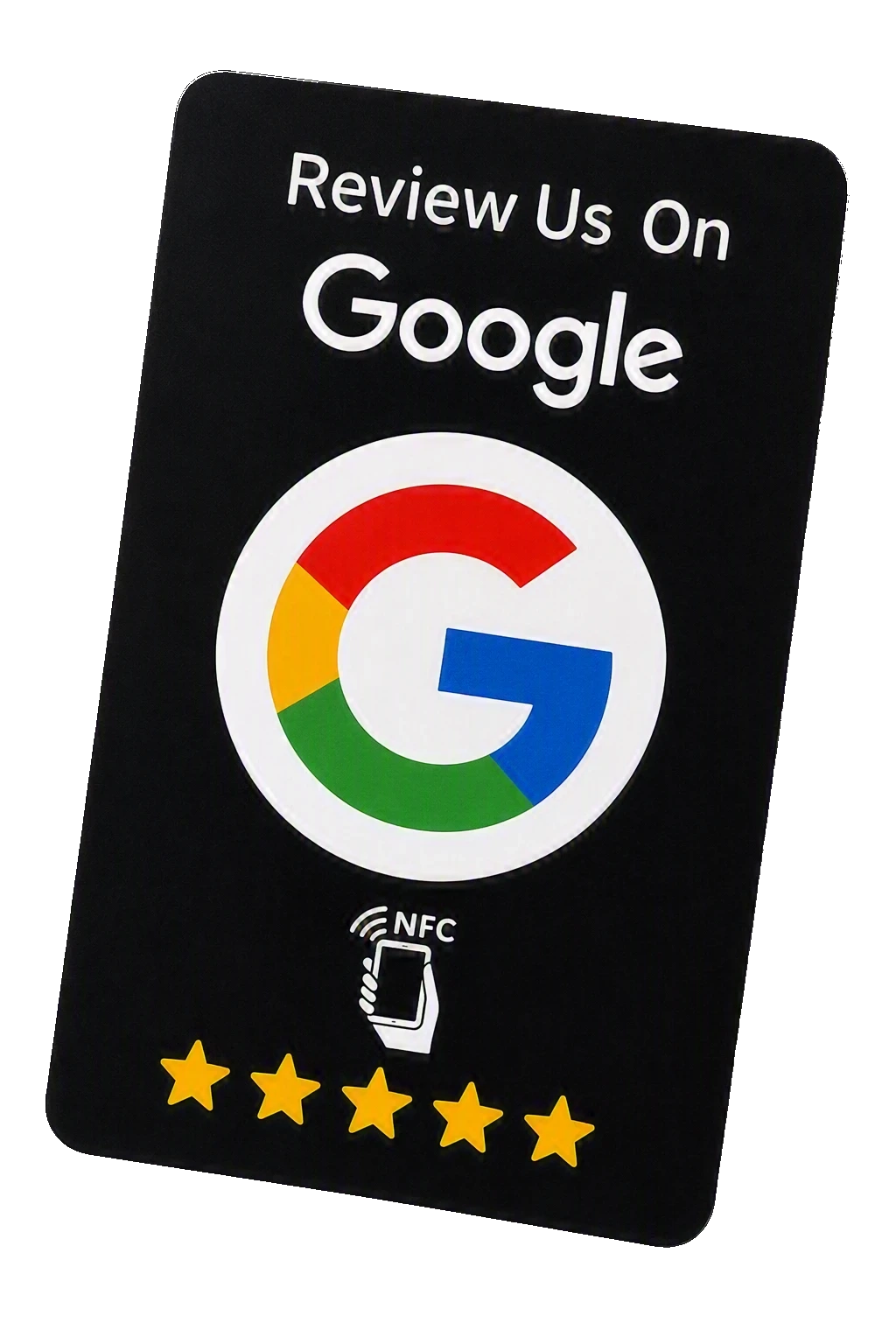 Exemplo de TapCard personalizado: cartão preto com NFC que leva o cliente direto para avaliações no Google